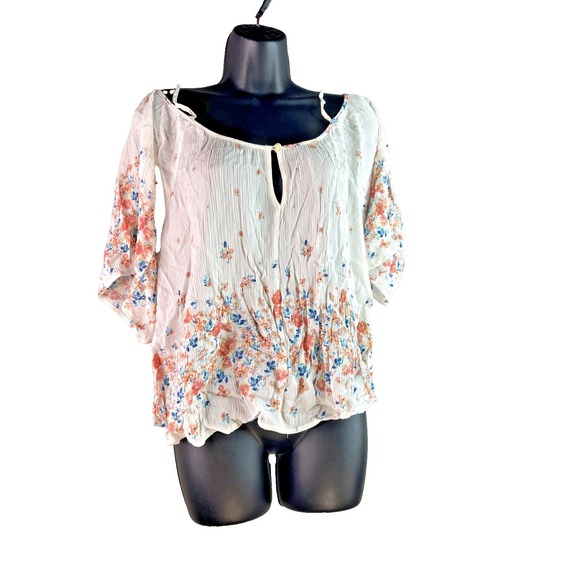 Forever 21 Women's White Floral Print Peasant Blouse Smocked Off Shoulder Top XS - Picture 1 of 15